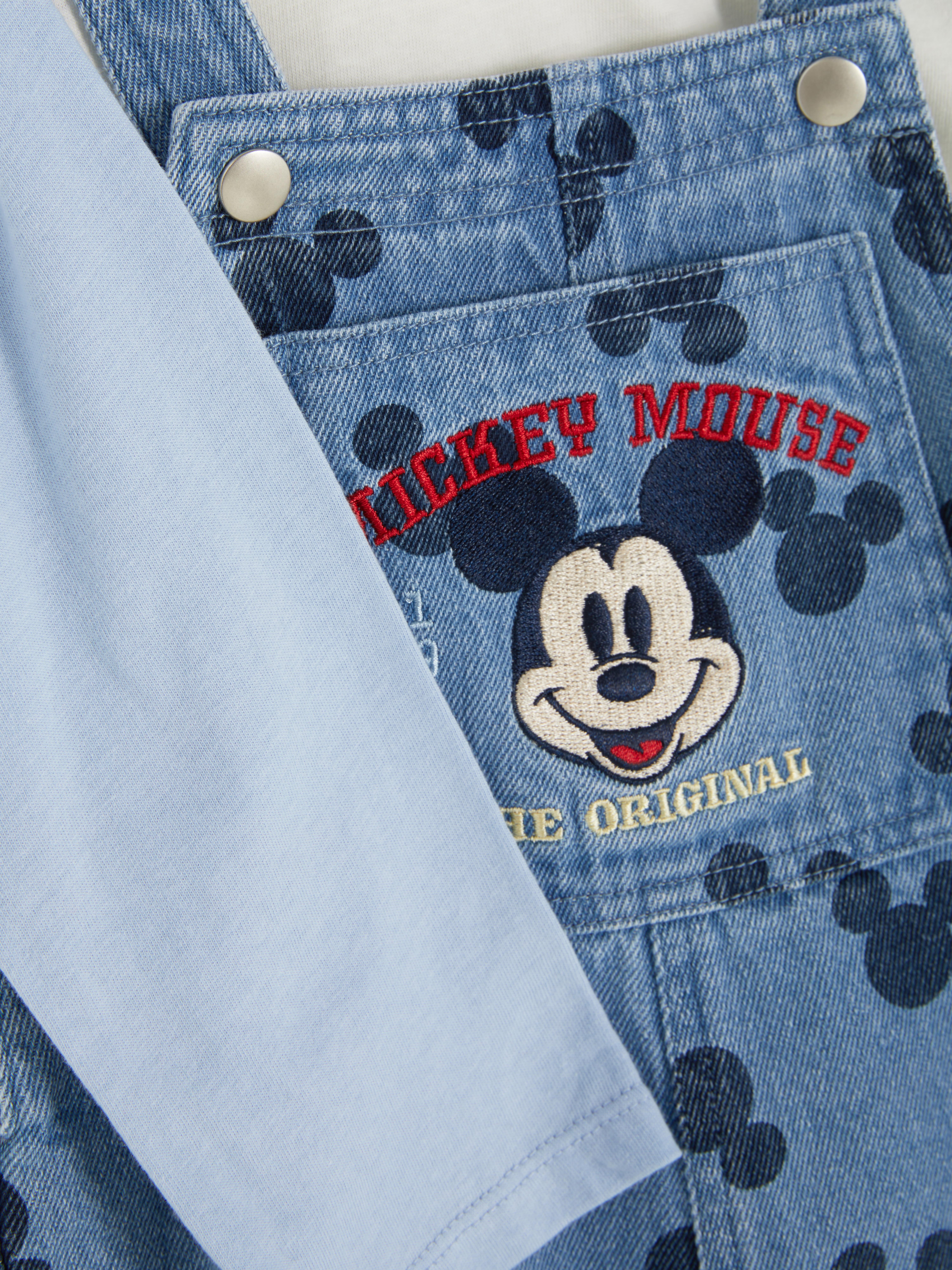 Set Disney Mickey Mouse cu tricou cu mânecă lungă și salopetă din denim