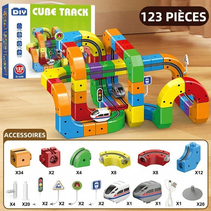 Tren de juguete de 123 piezas: vías eléctricas antigravedad 3D con tren motorizado y señales de tráfico.