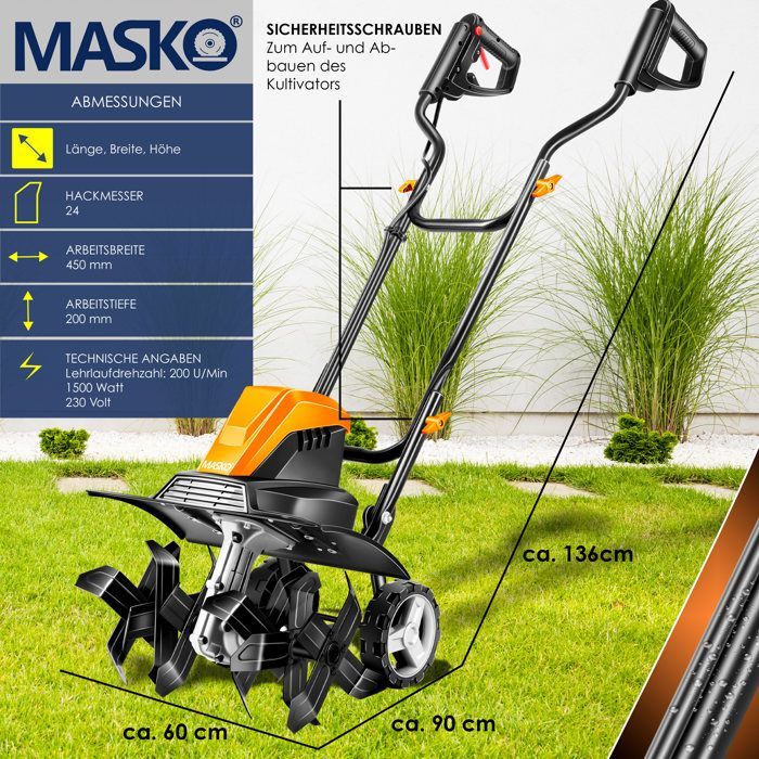 Motocultor eléctrico - MASKO - 1500 vatios - 40 cm de ancho de trabajo - 20 cm de profundidad de trabajo - 6 púas
