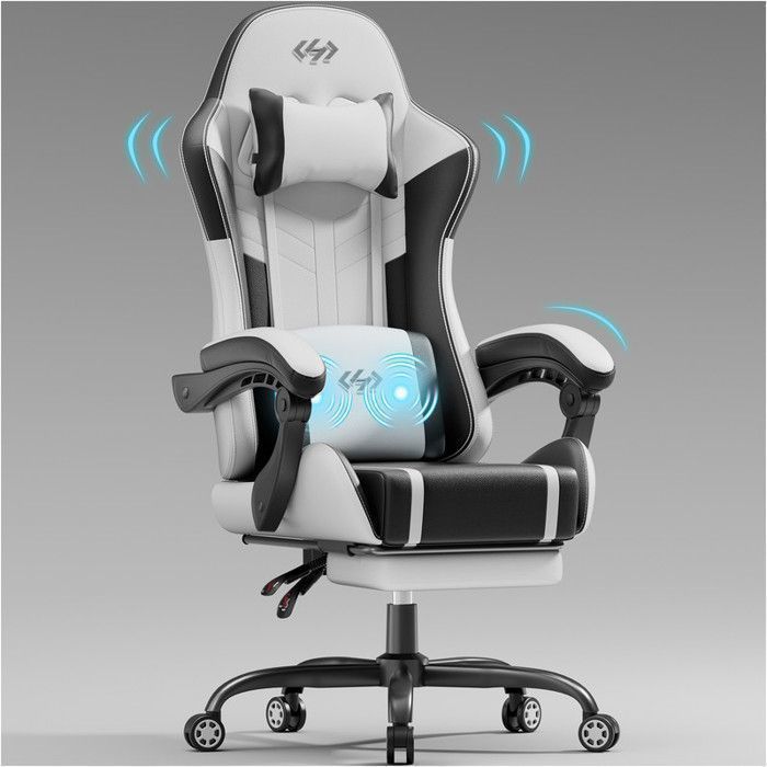 ECOFURNIX Fauteuil de Bureau Massant, Fauteuil Gaming Réglable avec Coussin de Massage Lombaire et Repose-Pieds, Noir et Blanc