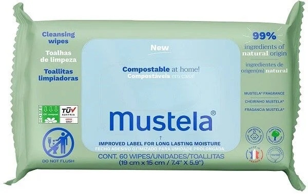 MUSTELA kompostējamās aromātiskās salvetes Mustela 60 gab. bērnu tīrīšanas salvetes