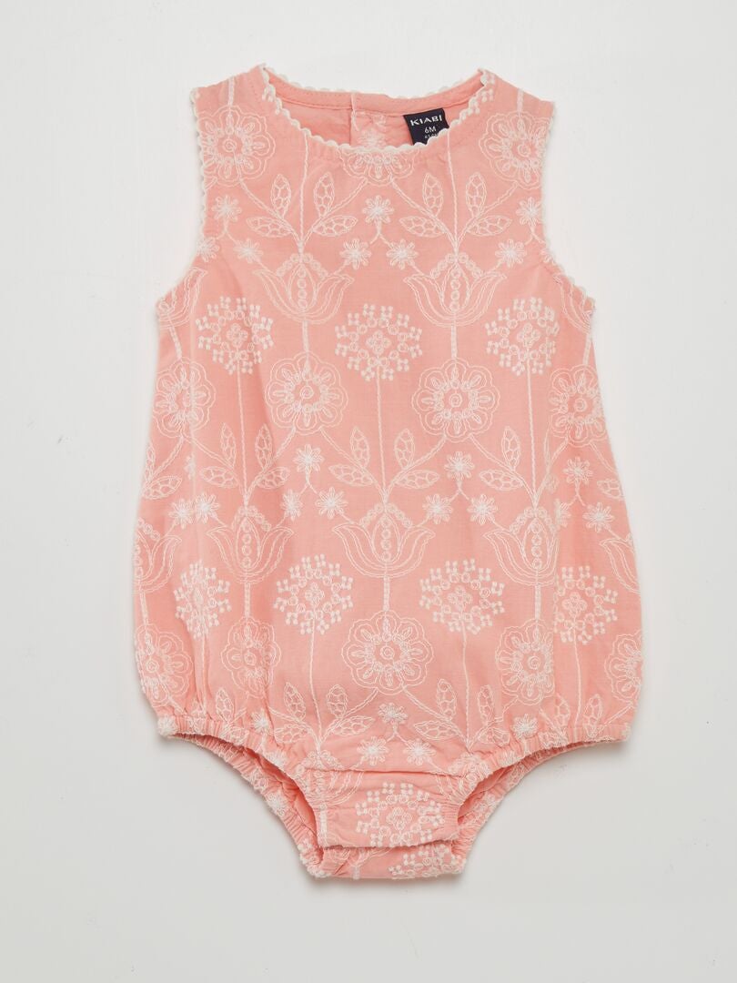 Bobmuts + geborduurd rompertje set - ROZE