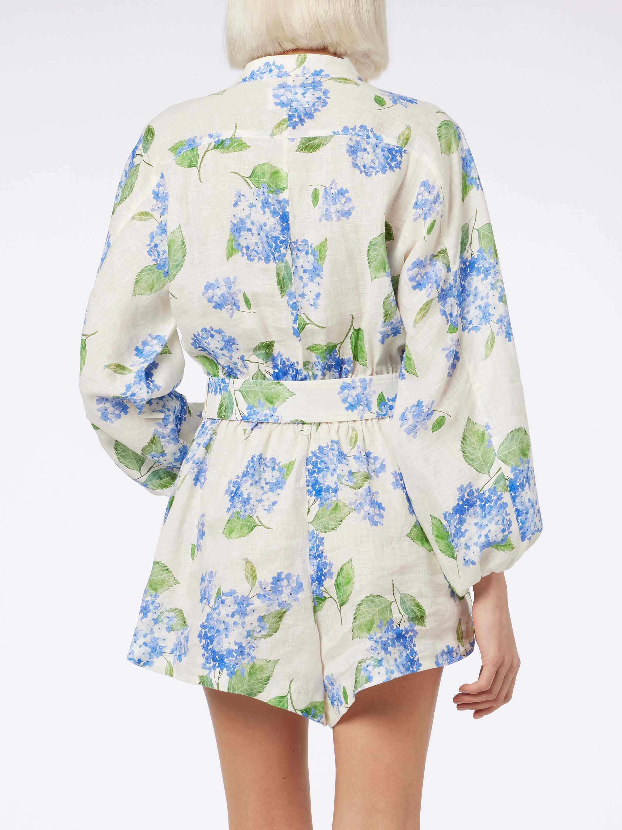 Woman Floral Linen Playsuit Hanniel | Long-Sleeved | Lilac Flower Print | Buttoned Front | Elastic Waist & Fabric Belt |100% Linen | MC2 Saint Barth