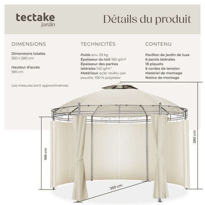 Pabellón de jardín - TECTAKE - Cenador SIANA con 6 paneles laterales de tejido hidrófugo, 3,5 m - Crema