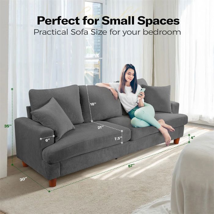 Large 3-Seater Sofa in Grey Corduroy, Scandinavian Style Sofa with 3 Cushions and 2 Pillows for the Living Room, 220×76×84cm
