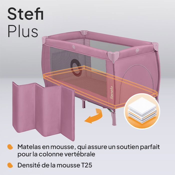 Cuna de viaje compacta 2 en 1 LIONELO Stefi Plus - Parque infantil - Colchón de espuma T25 - 0-36 meses - Plegado rápido - 2 ruedas - Rosa