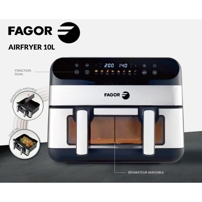 Friggitrice ad aria - FAGOR - FGF10 - 10L - 2400W - Doppia cottura - 8 programmi - Friggitrice ad aria di grande capacità per famiglie