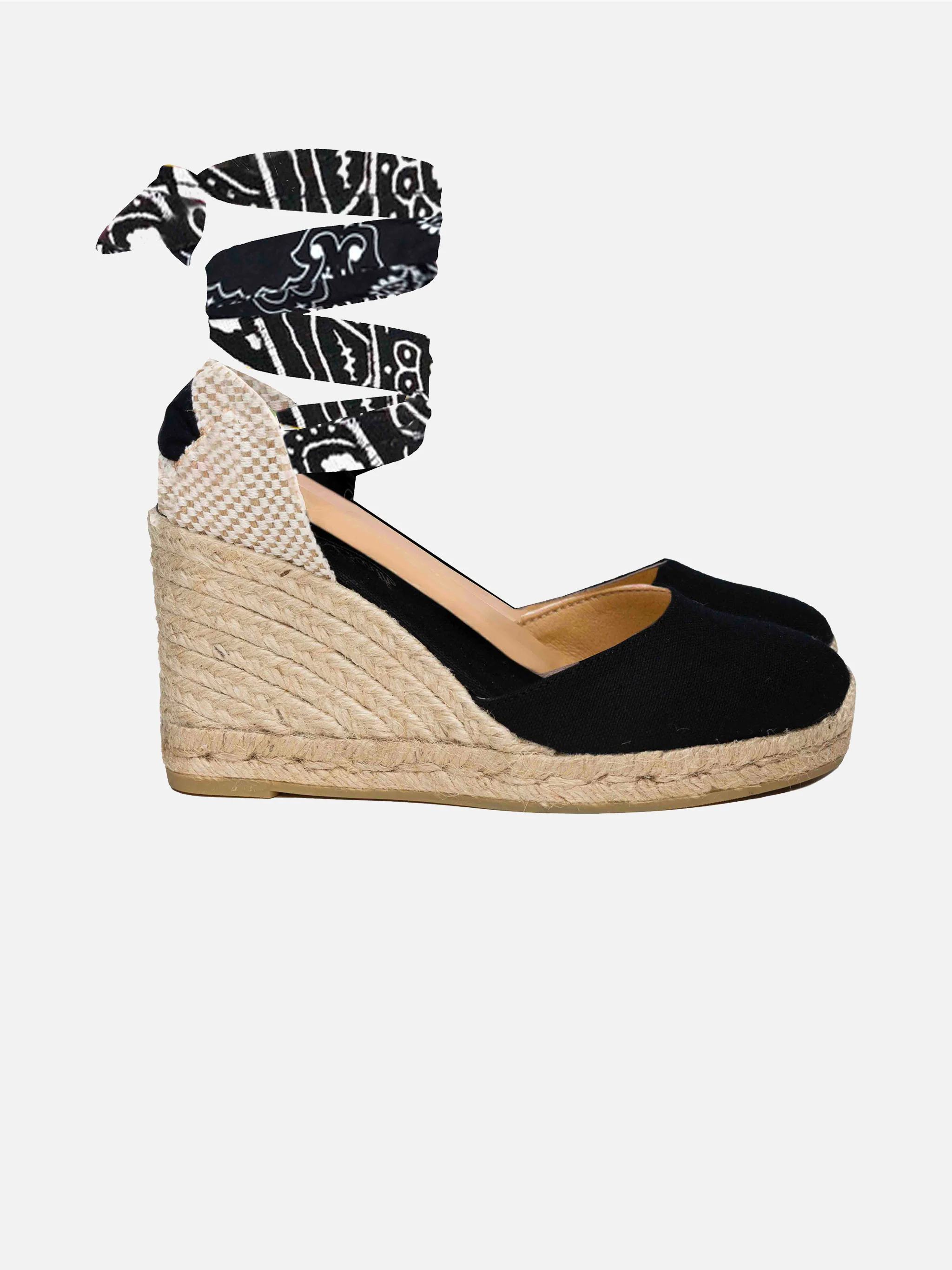 Espadrillas nere in tela stampata con zeppa alta e laccio alla cavigli