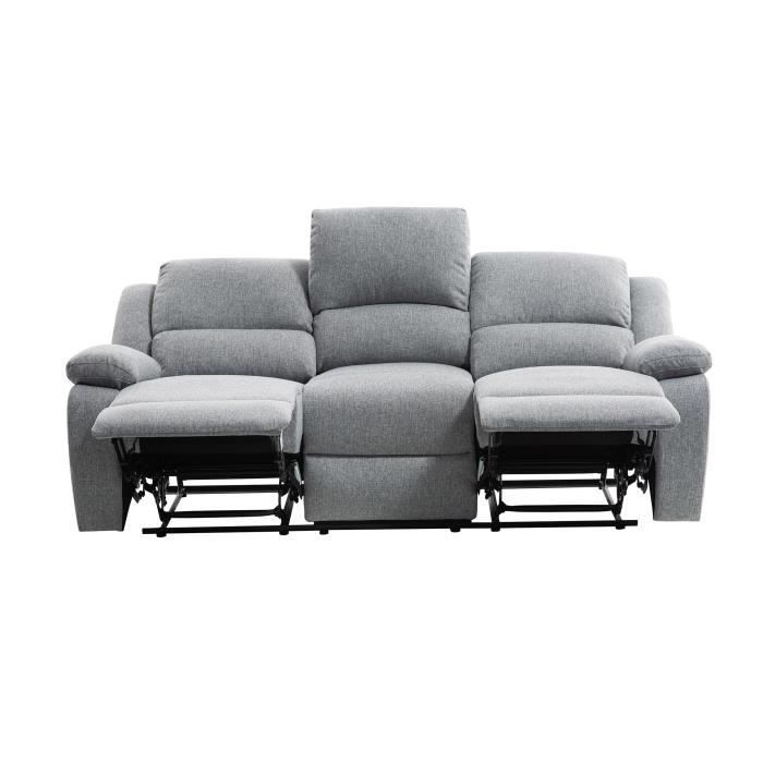 Sofá LEO de 3 plazas, reclinable, de tela - Gris claro - 193 x 93 x 96 cm - LOUNGITUDE