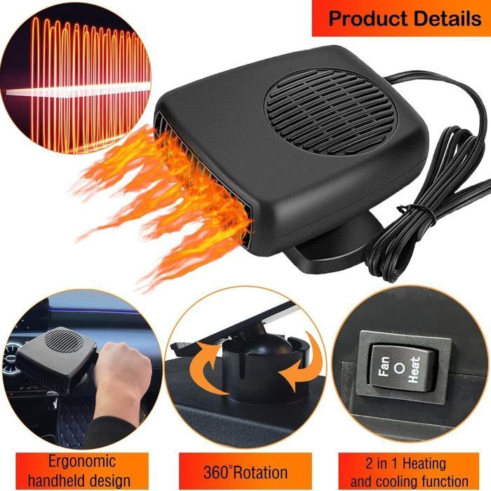 Calefactor y enfriador portátil 2 en 1 para coche: 12 V 200 W mediante encendedor de cigarrillos, descongelador rápido del parabrisas y deshumidificador para vehículos.