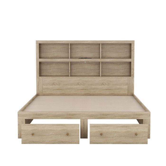 Cama MODFU con cajones, cama para adultos, cama doble de 160 x 200 cm con 2 cajones, cabecero con 6 compartimentos de almacenamiento, color natural.