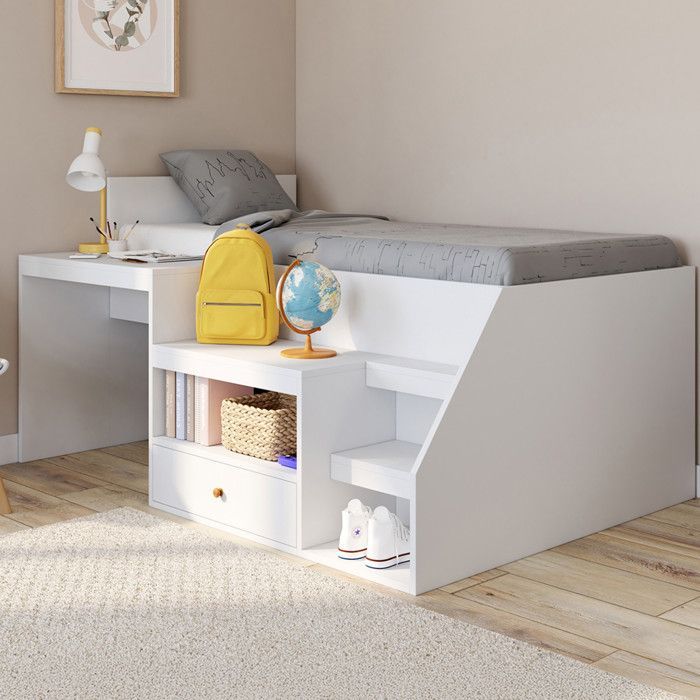 IDMARKET LEOPOLD 90 x 190 cm White Combination Bed with Slatted Base, Desk and Storage