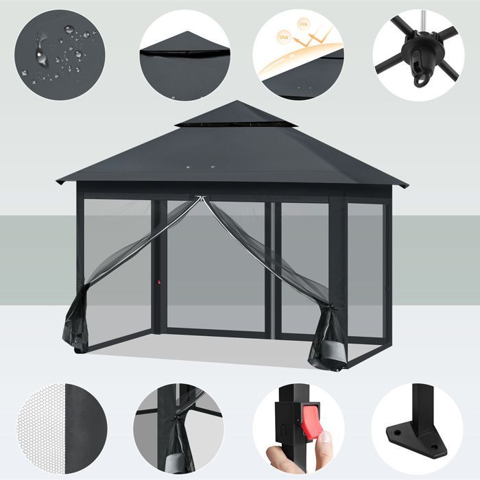 WOLTU Tonnelle de Jardin Extérieur - Pergola Pliante 3x3m - Moustiquaire Amovible - Double Toit Imperméable - anti UV - Anthracite