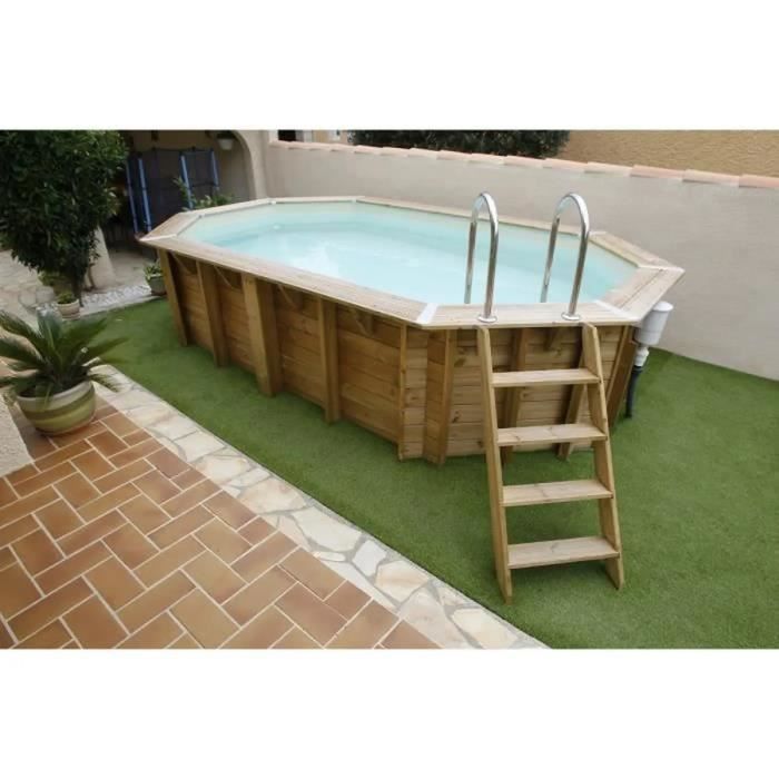 Kit de piscina de madeira UBBINK Maldives para instalação acima do solo - 490 x 300 x 120 cm - Oval (Filtro de areia, escada interna, escada externa)