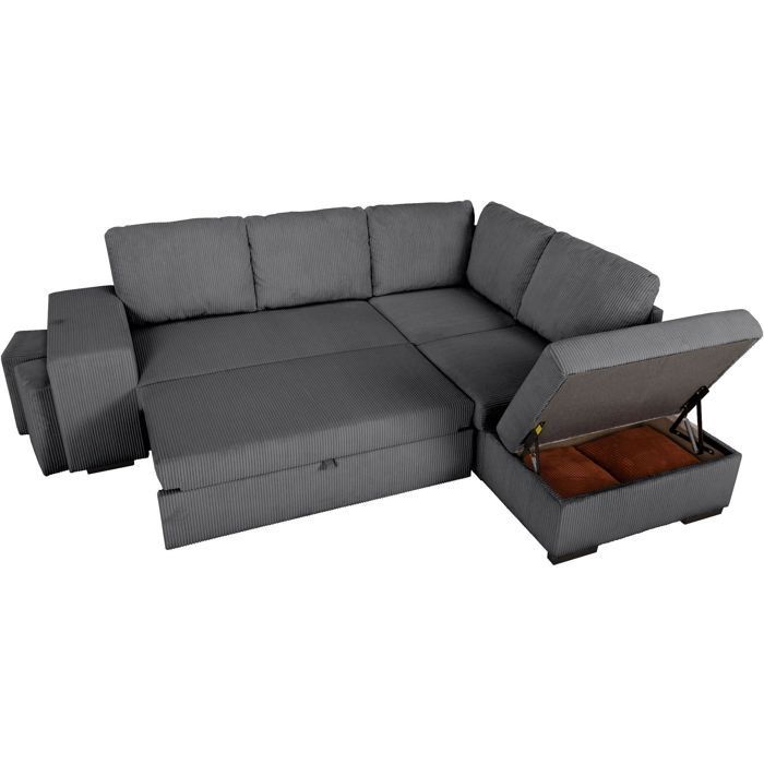 Canapé d'angle convertible réversible - 4/5 places - MITCHELL - Tissu velours côtelé Anthracite - Coffre, Poufs - 247 x 205 x 91 cm