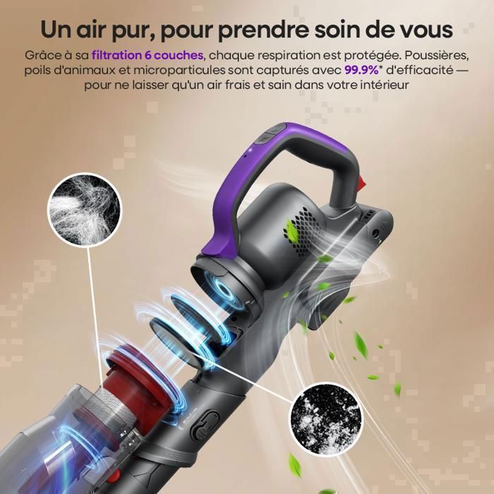 Aspirateur Balai sans Fil Erabros EV3-500W/60Kpa-60Min-Commande du pouce-Auto-Portant-Batterie Amovible-Anti-Emmêlement