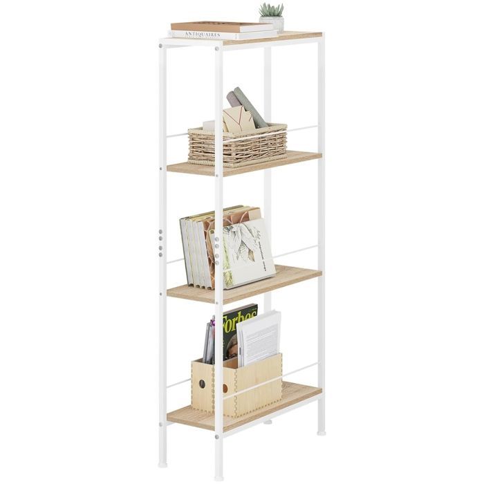 Mensola angolare stretta a 4 ripiani WOLTU per cucina e soggiorno, in MDF con struttura in metallo, colore rovere chiaro + bianco, 50x20x110 cm.