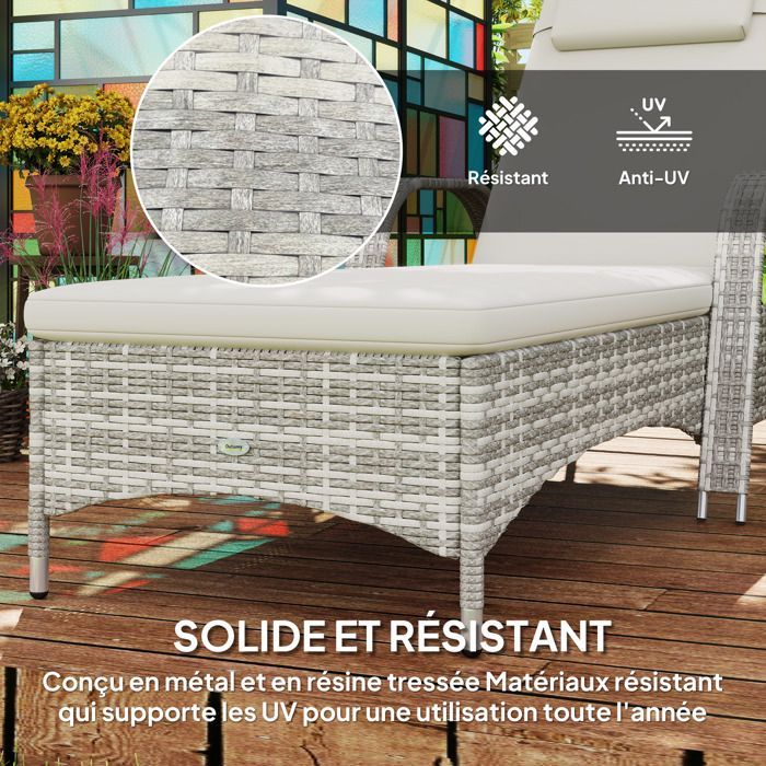 Transat - Outsunny - inclinaison réglable multipositions - matelas, têtière, accoudoirs, roulettes -  résine tressée PE - gris clair