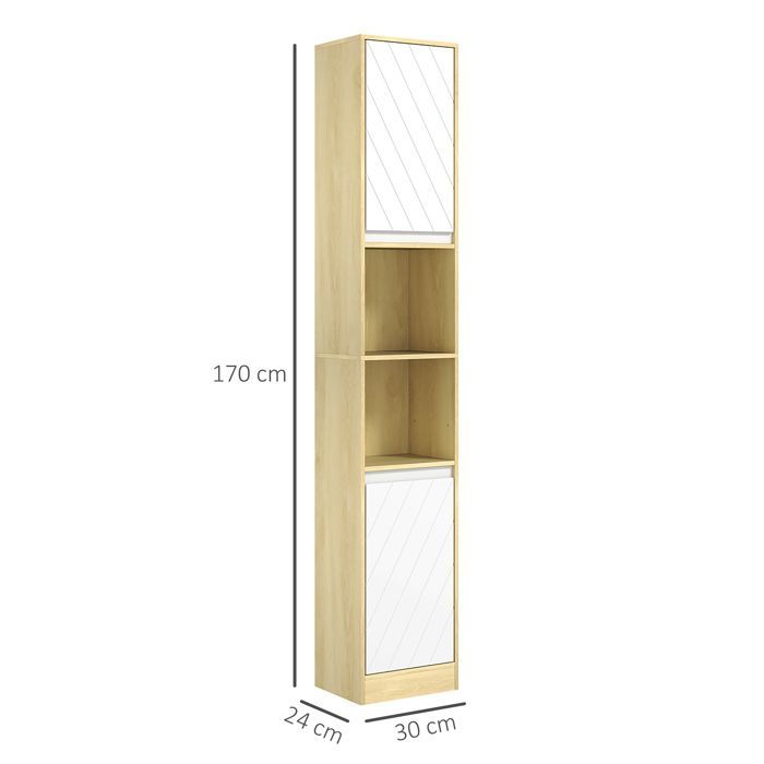Badkamerkast met kolom - HOMCOM - gezellige stijl - 2 deuren, 2 planken - 30 x 24 x 170 cm - licht wit eikenhout