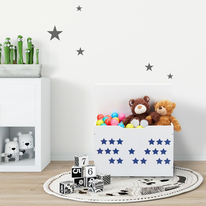 Baúl de juguetes Relaxdays con tapa, almacenamiento infantil, diseño estrellado, caja de juguetes, 40x60x30 cm, blanco/azul
