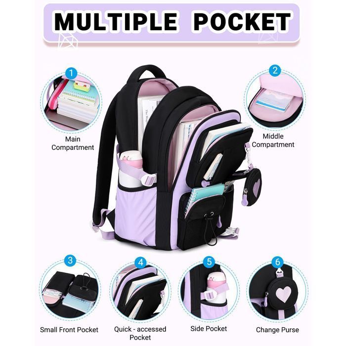 Zaino scolastico da bambina, scuola primaria, 20 litri, ergonomico, impermeabile, adatto a bambine dai 7 ai 10 anni - Nero