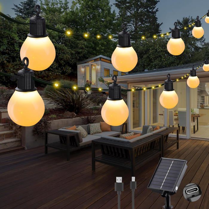 Solar buitenverlichting met 20 G40-lampjes, 10 meter, 100 LED's, 8 standen, waterdicht, decoratief (wit)