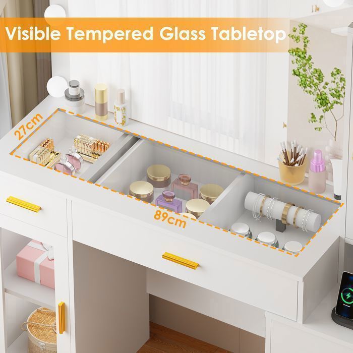 BEWISHOME Coiffeuse Grande avec Miroir LED et Prise, Plateau et Portes Verre, Port de Charge USB, 5 Tiroirs de Rangement, 2 Portes