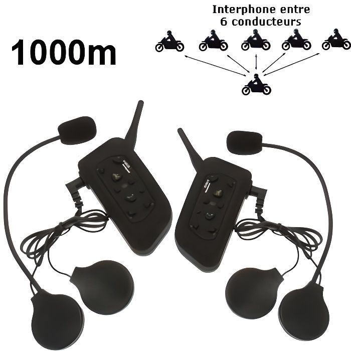 Kit de intercomunicación para motocicleta de 2 piezas, alcance de 1 km (máximo 6 personas vía Bluetooth).