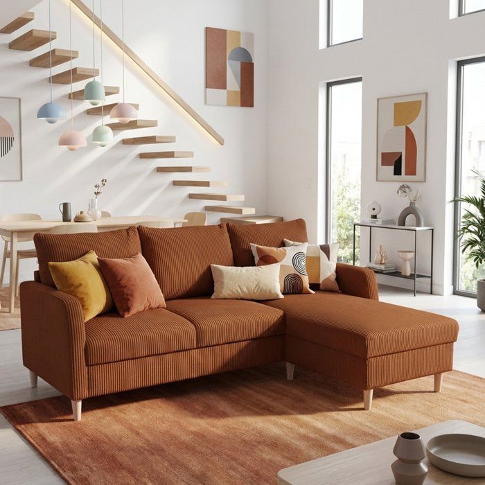 Sofá de canto fixo - 3 lugares - CHIPY - Tecido Lincoln Terracotta - Pés em madeira natural - 192 x 82 x 138 cm
