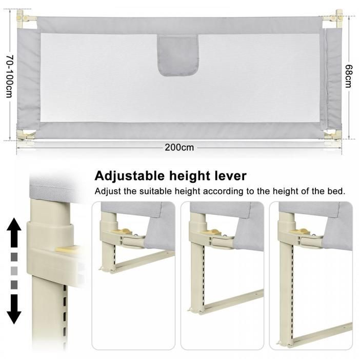 B.LIVEM - Barandilla de seguridad para cama - 200 cm - Puerta de juegos para bebés - Gris claro - Altura ajustable (70-100 cm)