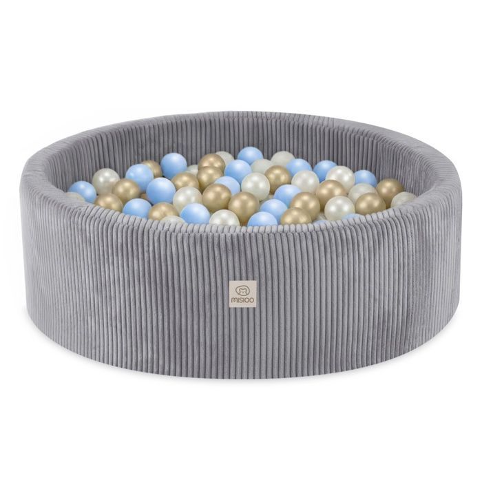 MISIOO Round Corduroy Ball Pit for Baby and Children's Room, Grey, 90x30 cm, 300 Balls: Blue/Gold/White Pearl