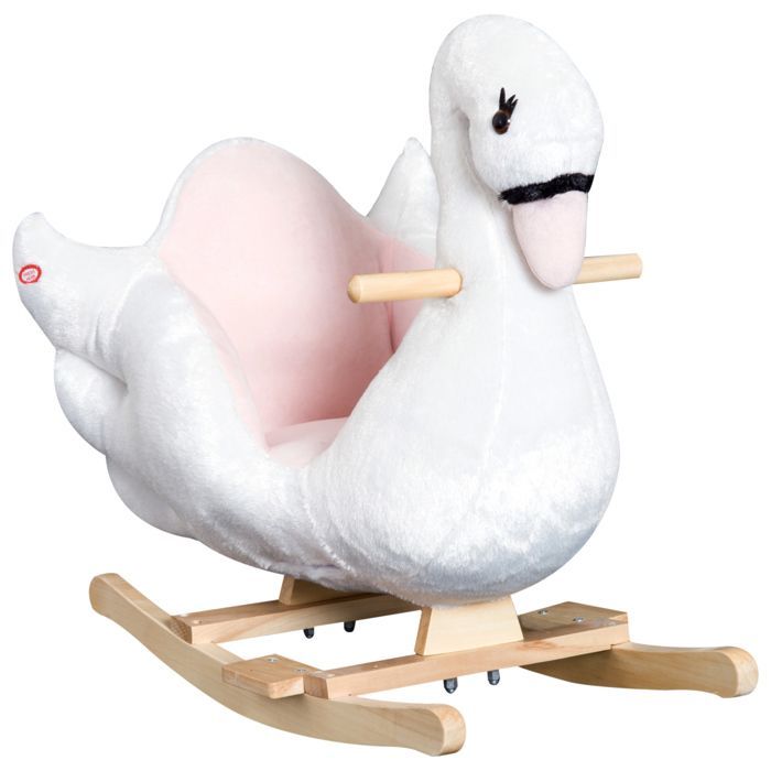 Cisne de balanço de brinquedo para crianças a partir de 18 meses, com função musical e pés de madeira - branco e rosa.