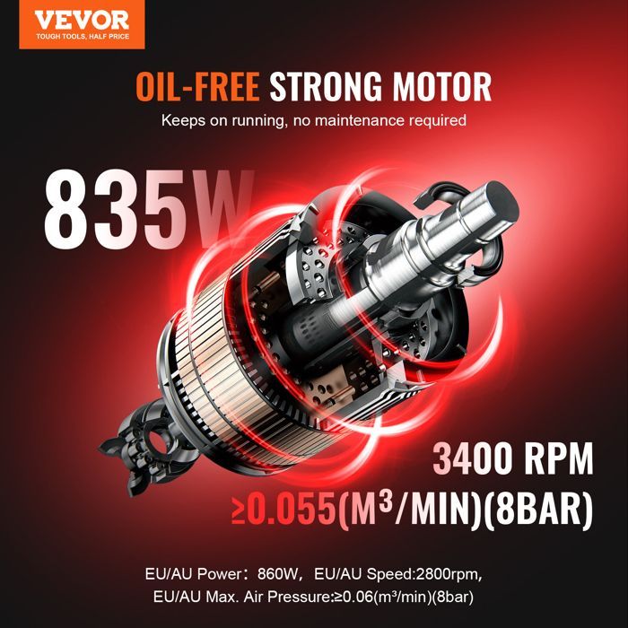 Compressore d'aria - VEVOR - JR880-2GAL - 8 L - 860 W - Senza olio (8 bar)