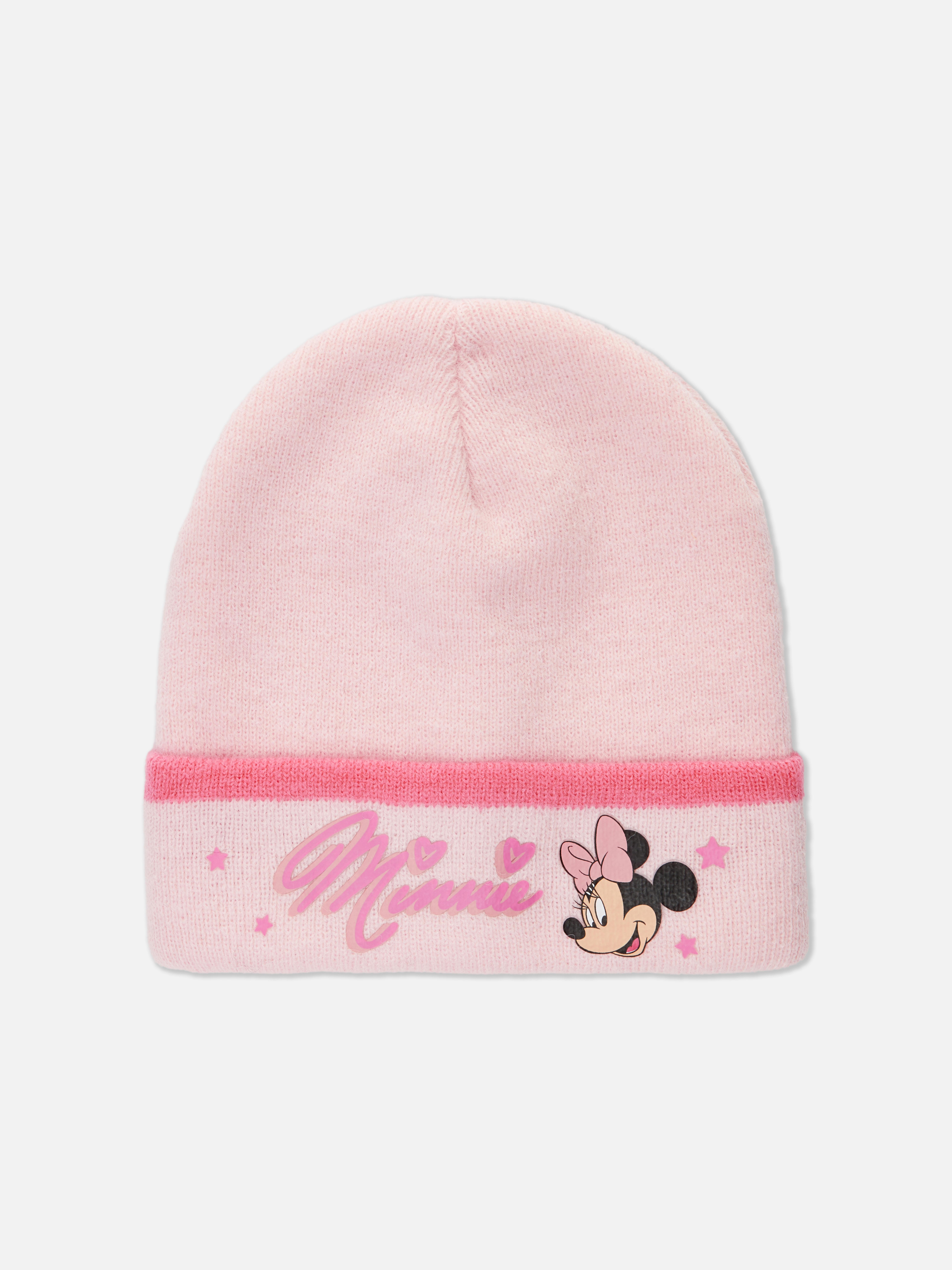Disneys Minnie-Maus-Strickmütze Eine fein gestrickte Disney-Minnie-Maus-Mütze mit niedlichen Motiven