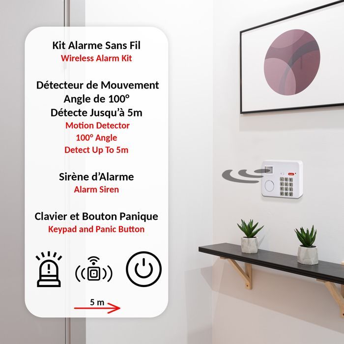 Kit de alarma inalámbrico con sirena y detector de movimiento - Alcance de detección de 100° y 5 m - Sirena, teclado, botón de pánico - Seguridad