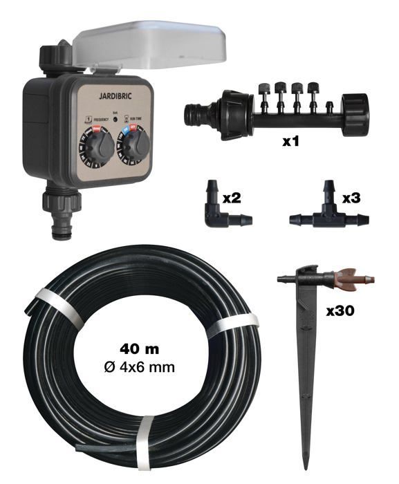 Kit de riego por goteo - Cobertura de 25 m² - Temporizador sin presión - 40 m de microtubo Ø6 mm