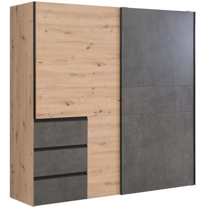 Armario con 2 puertas correderas y 3 cajones - Acabado en roble artesanal y hormigón gris - Ancho 200,1 x Profundidad 61,2 x Alto 200,5 cm - WINN2