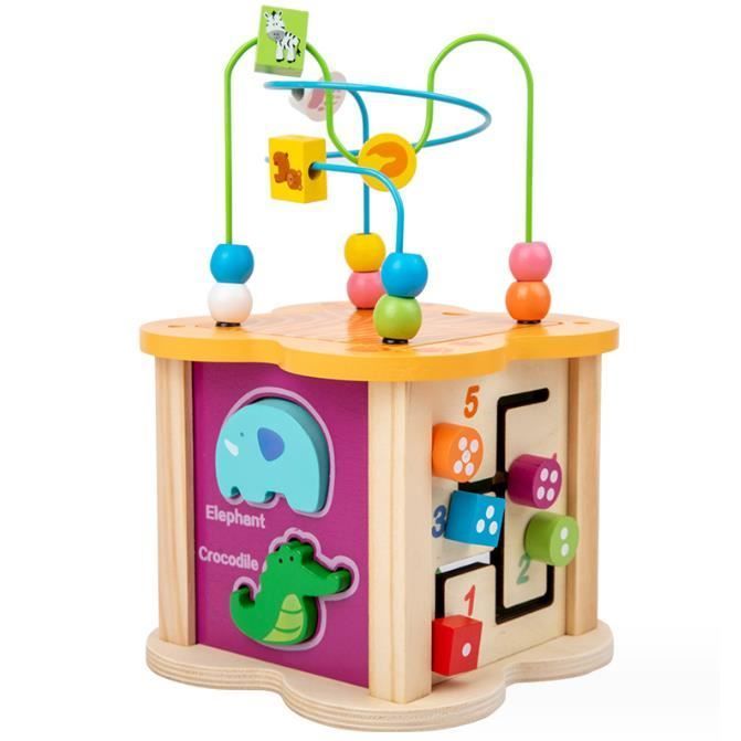 Cubo de actividades para bebés - Juguete de madera - Laberinto de cuentas - Reloj de aprendizaje - Clasificador de formas