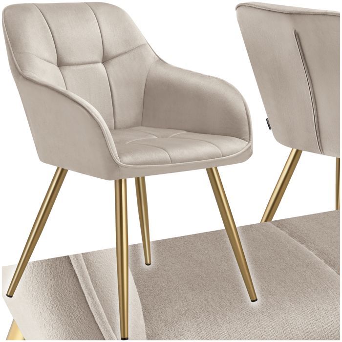 Silla - TECTAKE - Silla de comedor MARYLIN en aspecto de terciopelo con patas de acero dorado - Topo/Dorado