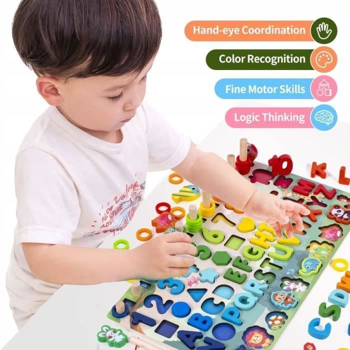 Jouet Puzzle en Bois Montessori Jeu Éducatif Mathématiques pour Enfants Bébé, Apprendre Les Chiffres et Les Lettres de l’Alp