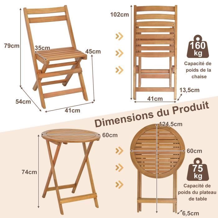 Set di mobili da giardino pieghevoli in legno di acacia COSTWAY, composto da 3 pezzi: tavolo e 2 sedie con struttura a doghe - Arredamento da giardino per patio.