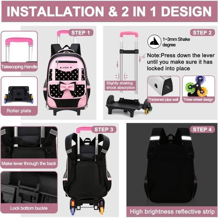 Mochila con ruedas para niñas con bolso de mano para la escuela y los viajes, color negro y rosa PZCC