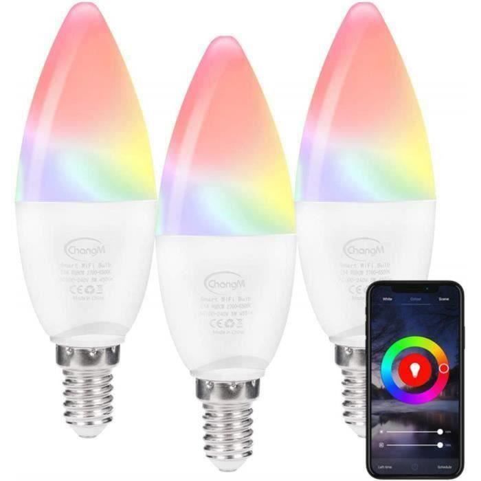 Paquete de 3 bombillas LED inteligentes WiFi, multicolor RGB E14 C37 5W 450LM, control remoto por smartphone
