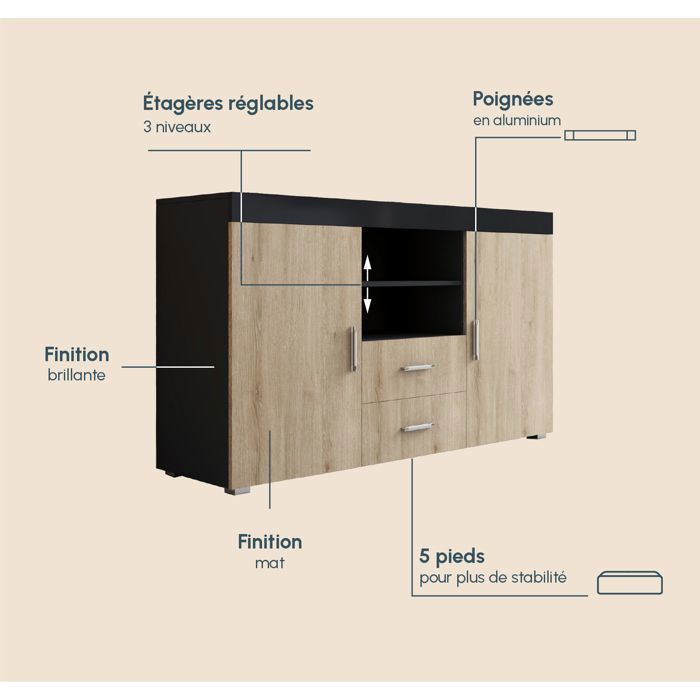 ROQUE Sideboard 140x80x40 cm - 2 Doors 2 Drawers - Black and Sonoma Oak Finish - Living Room Storage