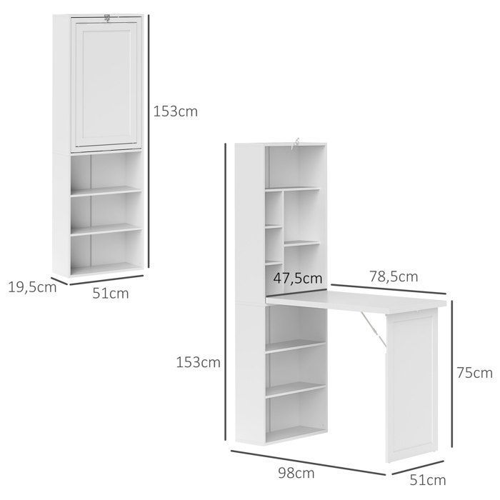 Escritorio con almacenamiento - HOMCOM - plegable - librería, estación de trabajo, pizarra blanca, estante ajustable - MDF - 98x51x153cm - blanco