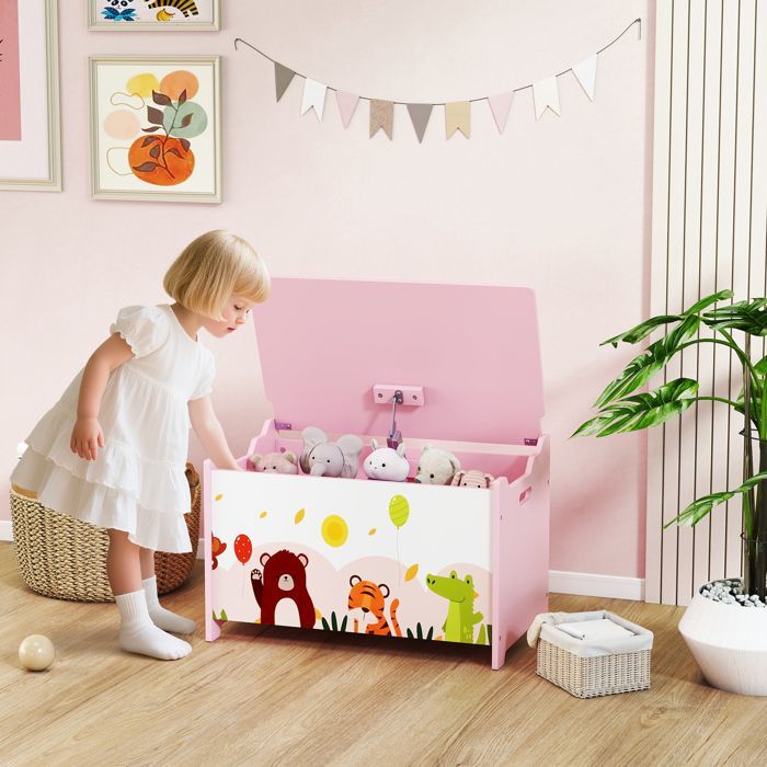 Children's toy chest - AIYAPLAY - hinged lid, animal design, safety hinges - MDF - 60 x 37 x 39 cm - pink