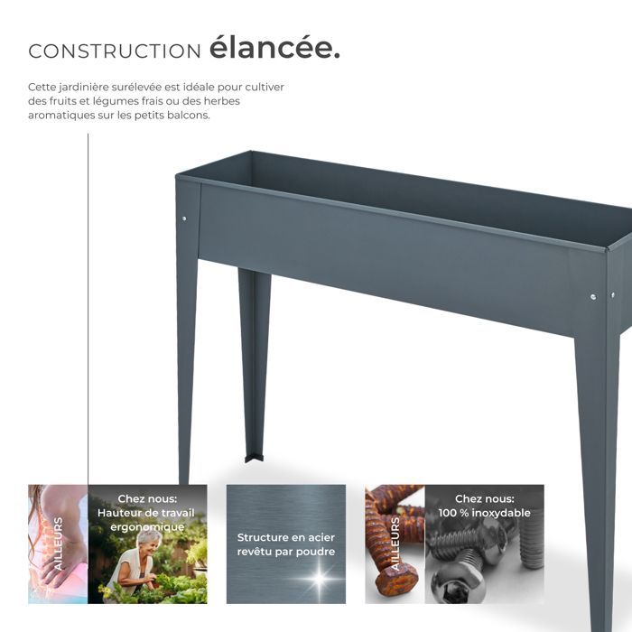 Raised garden bed - TECTAKE - CALENDULA raised garden bed on legs in steel, 98.5 x 26 x 82.5 cm - Anthracite grey