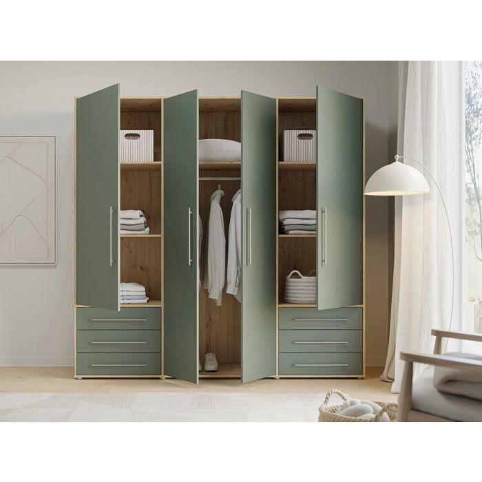 Armoire de chambre - MOKKARO - Décor Vert Sauge et chêne - 4 portes battantes - 6 tiroirs - L205,9 x P53 x H200 cm