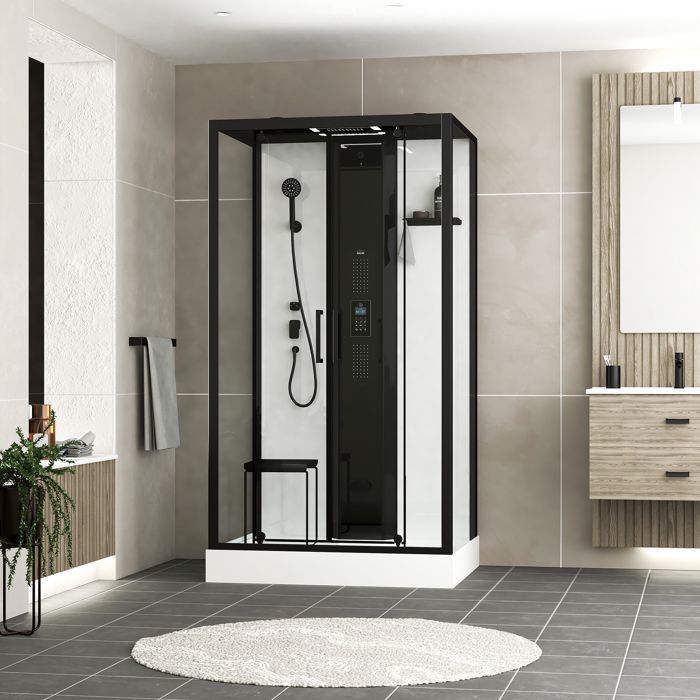 Cabina de ducha rectangular de 115x90x218 cm - Función de baño de vapor, chorros de hidromasaje, iluminación LED y Bluetooth.
