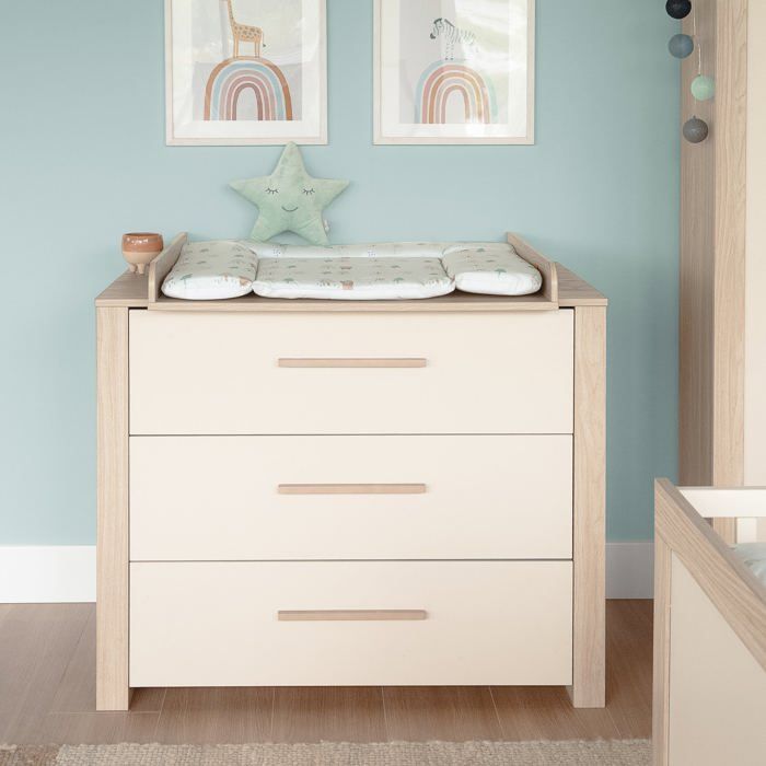 Conjunto de dormitorio convertible para bebé ROBA Momo - Cuna de 70x140cm + cambiador de 3 cajones - Beige cachemir - Roble Tristan